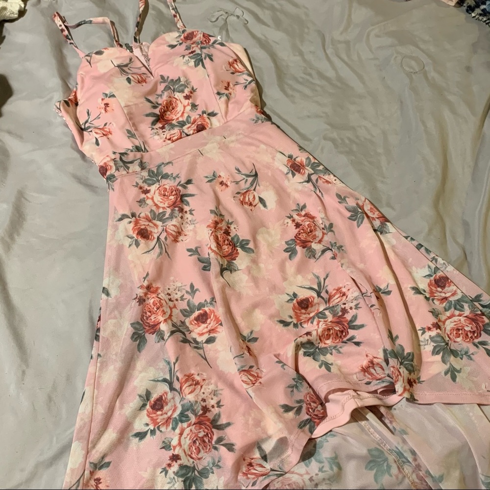 Pink floral lace back dress.